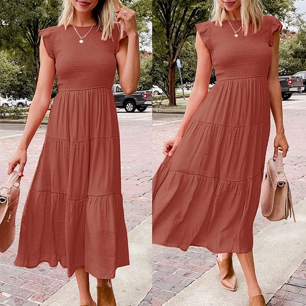 NWTCasual Flutter Short Sleeve Crew Neck Smocked Elastic Waist Tiered Midi Dress
